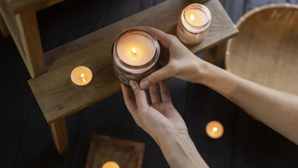 A woman holding a lit scented candle in her hands at home, with tea lights around her